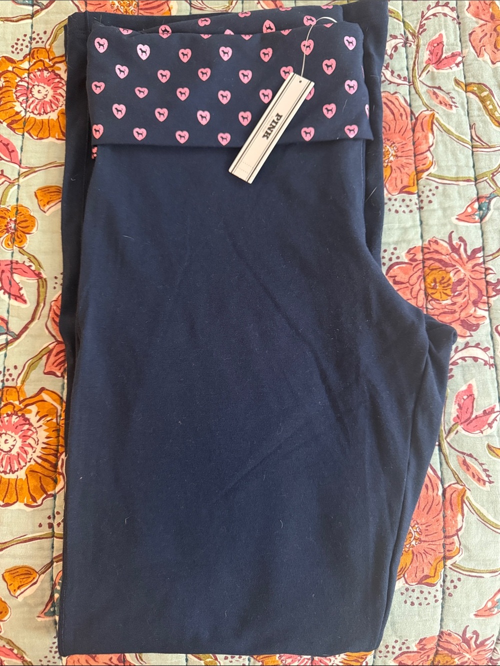 PINK Victoria's Secret Navy Fold-Over Lounge Pants with Pink Trim Tag